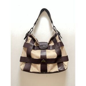 HARA Colombian Genuine Leather Trim Shoulder Bag Beige Brown Equestrian Style